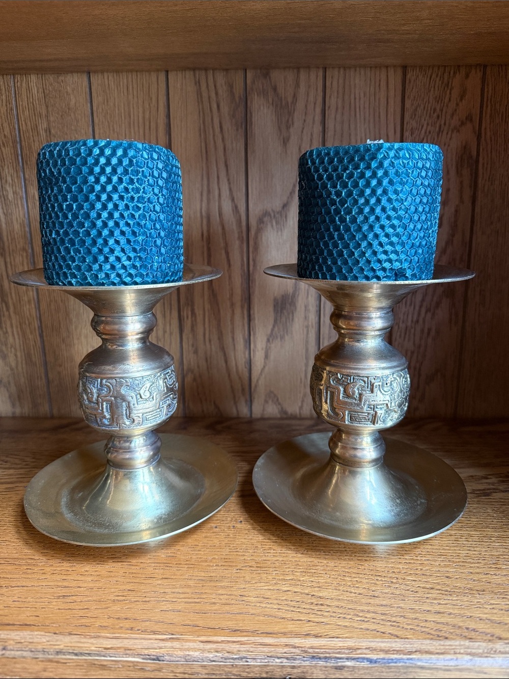 Antique-Style Brass Candle Holders with Teal Honeycomb Candles